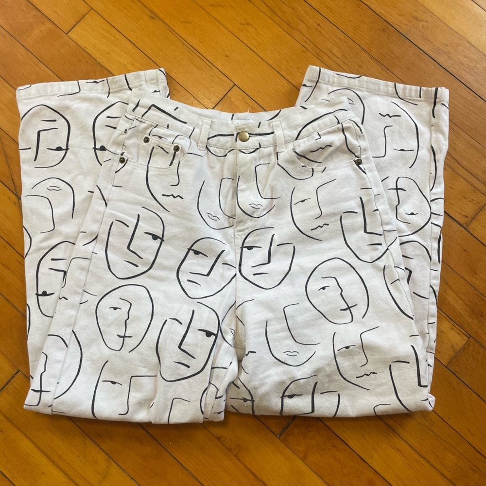 Abstract Face Print Women’s Jeans - black and white